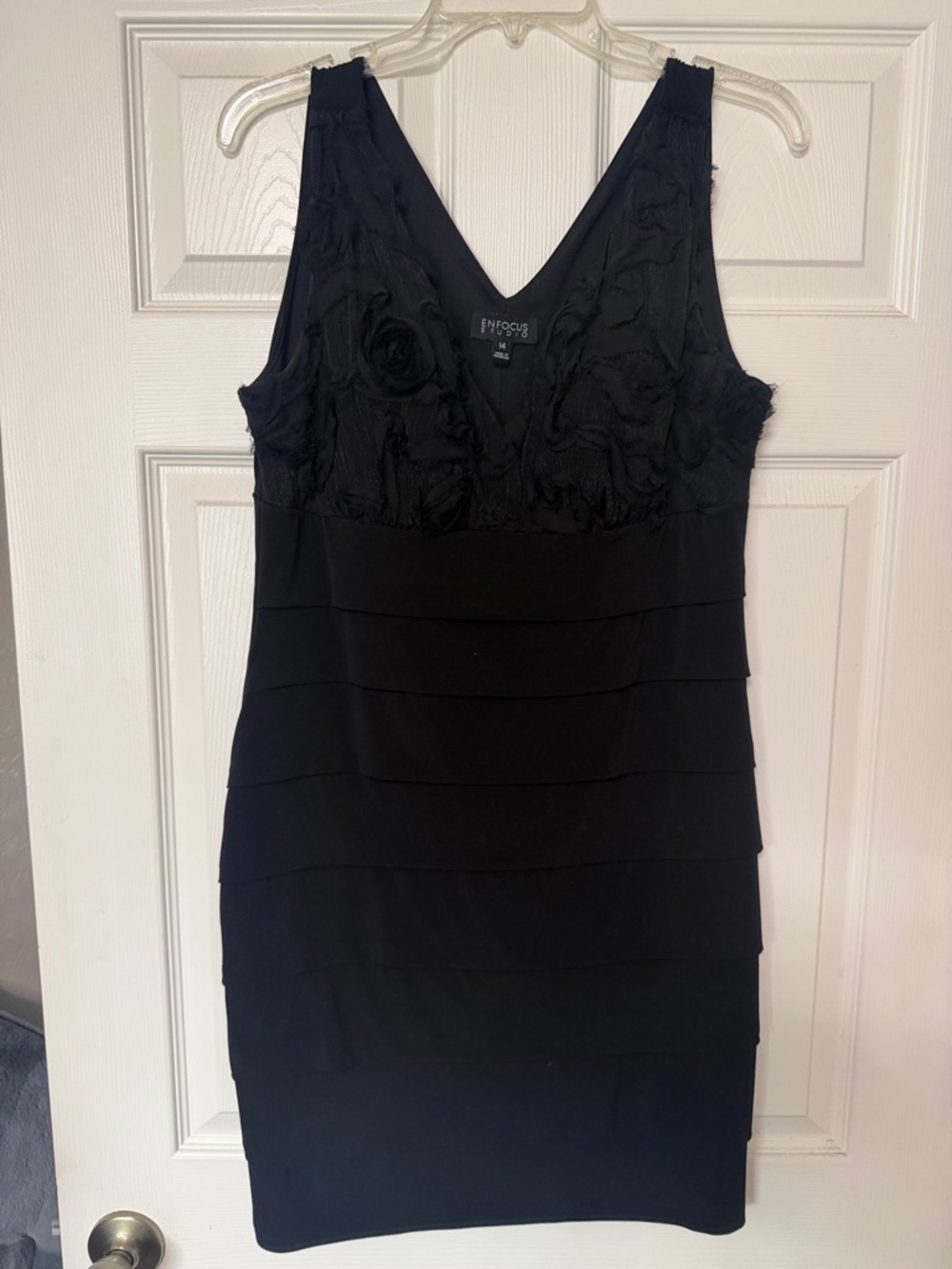 Enfocus Studio Black V-Neck Tiered Mini Dress with Floral Bodice